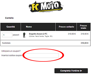 dove inserire il coupon FC Moto